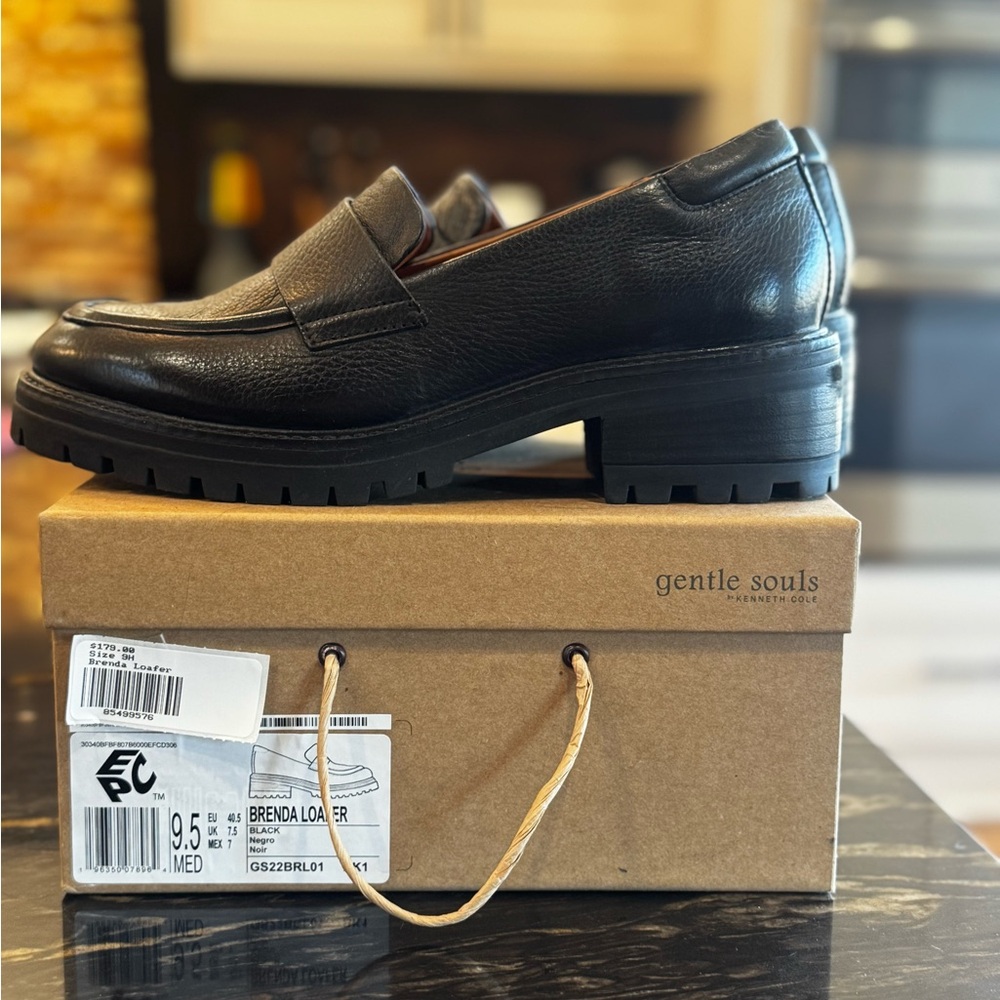 gentle souls Black Penny Loafer with Lug Sole